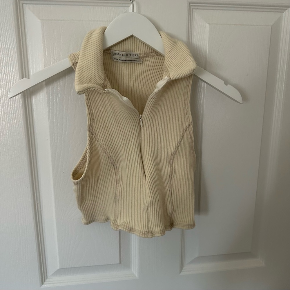 Beige Ribbed Zip Up Top